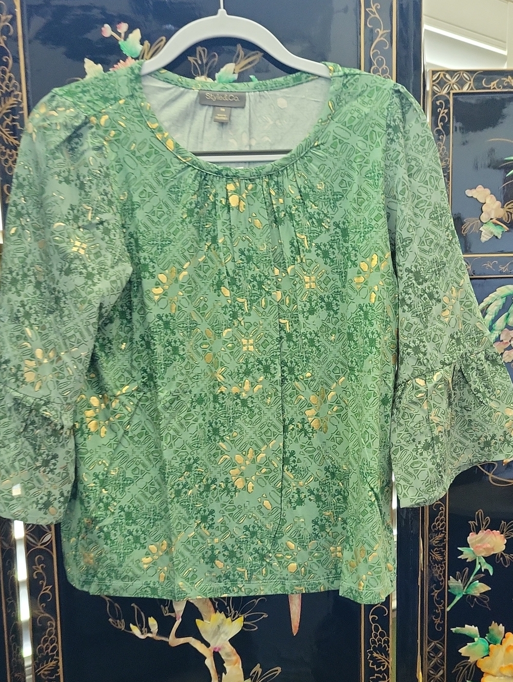 Green Metallic Floral Peasant Top